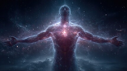 Starry Vitruvian man with cosmic background, artistic anatomy fusion with universe concept for science, art, and design use