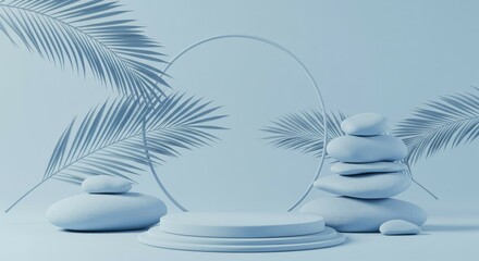 Display Podium with Stone Stack and Palm Fronds in Pastel Blue