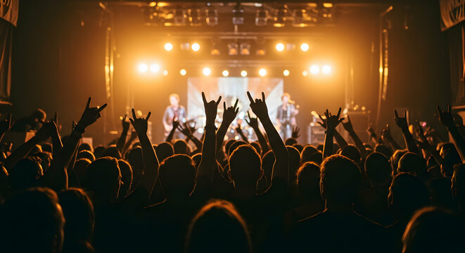 Energetic Crowd at Rock Concert Live Music Event Show Stage Lights Fans