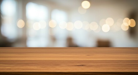 Wood Tabletop with Blurred Lights Background for Display Mockups