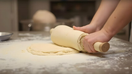 baker kneading dough using roller on a counter top