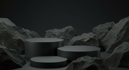 Displaying Product on Dark Platforms Surrounded by Rough Rocks