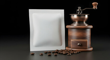 Premium Coffee Beans Packaging Mockup Blank Pouch Design Template Roasted Coffee Grinder Vintage