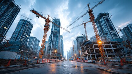 Smart city under construction with cranes and modern buildings, innovation in urban architecture and planning