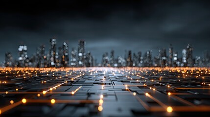 Smart city big data network with glowing grid, futuristic urban technology system concept for innovation, AI, and tech design