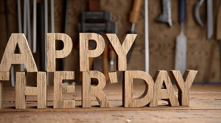 Bold “Happy Father’s Day” text formed by floating wooden letters on a rustic workbench background, slow loop with camera panning slightly, warm and masculine tone, 4K realistic animation.