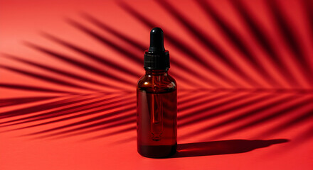 Amber glass bottle essential oil dropper skincare beauty product red background palm leaf shadow minimalist