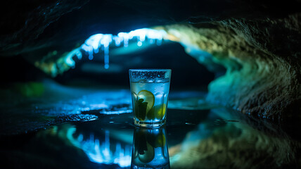 Glass glowing subtly in a cave lit by blue and green bioluminescent algae, with water droplets on the glass sparkling in the darkness