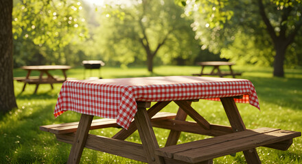 Perfect Picnic Spot Sunny Day Family Fun Outdoor Relaxation Summertime Backyard BBQ Grill Red Gingham Tablecloth Green Grass Trees Nature