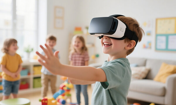  a group of children or a single child wearing a VR headset in a safe indoor space, like a living room or classroom