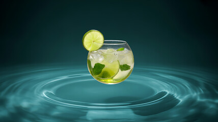 Mojito in a glass orb floating on water