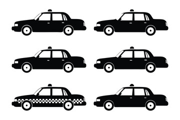 Silhouette Taxi Fleet: A fleet of sleek black taxis, rendered in a sophisticated silhouette style, representing reliable urban transportation for any city. This collection embodies efficient movement.