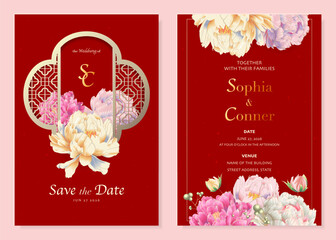 Elegant Chinese wedding invitation featuring blooming peony flowers, red background, window grille and stylish typography. Perfect for traditional weddings invites and printable floral templates. © cherryiiillustration