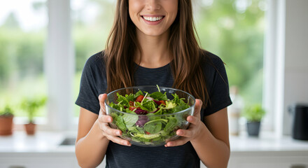 Healthy Eating Happy Woman Holding Fresh Green Salad Bowl Vegan Diet Nutrition Wellness Lifestyle