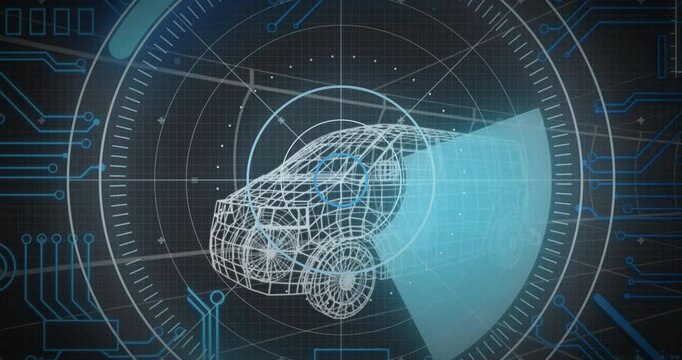 System triggered scanning cone rotating around 3D wireframe van highlighting outline for inspection