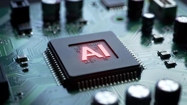 Closeup of computer processor with Artificial Intelligence logo on circuit board