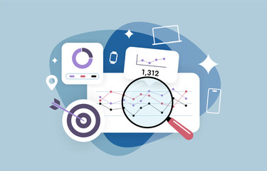 Cross-platform engagement tracking with unified analytics across mobile, web, email and app events. User journey insights, and engagement omni-channel metrics visualization. Flat vector illustration