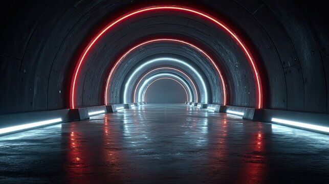 Sci-fi neon stargate tunnel with glowing light ring, futuristic technology corridor for gaming, virtual, and design ads