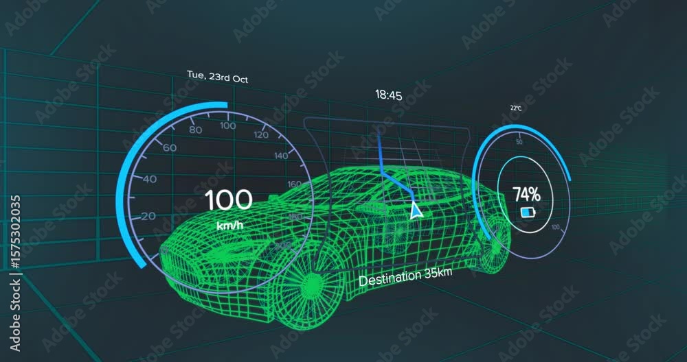 Poster on simulation start green wireframe car accelerating then decelerating to show navigation route map