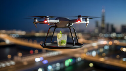 Mojito on a drone delivery tray over a glowing city at night – Wind effects, movement blur, drink still sharp