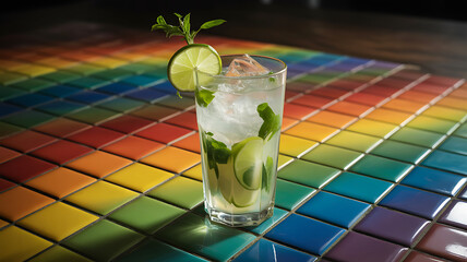 Mojito on a floor of rainbow glass tiles, with refracted light painting the drink