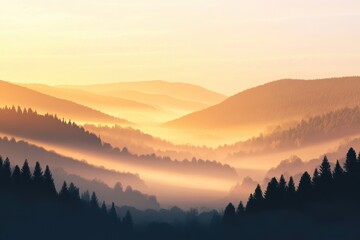 Obraz premium Misty sunrise over rural countryside with fog enveloping rolling hills and valleys, Morning sunrise rural countryside Mist and fog over hills and forest