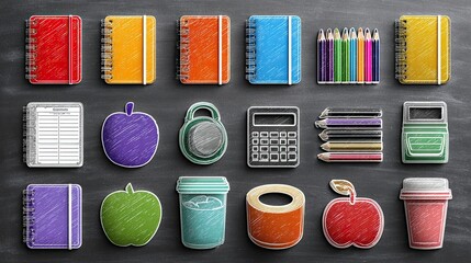 School sticker pack chalkboard with colorful stationery icons, classroom planner elements for education, decor, and design ads