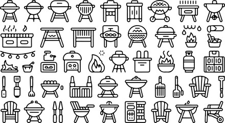 Collection of barbecue and outdoor cooking icons including various grills grilling tools fire chairs and string lights for summer gatherings