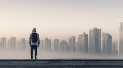 Fototapeta premium Man in Hoodie on Rooftop Overlooking Foggy Cityscape – Hazy Urban Skyline with Copy Space