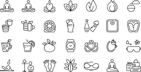 Collection of line art icons representing wellness and self care activities including meditation yoga healthy drinks and spa treatments