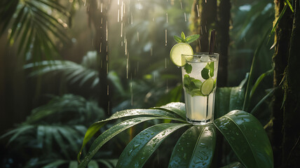 Mojito on a leaf in a rainforest during golden hour rain – Hyperrealistic droplets on glass and leaf, rich green tones 