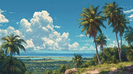 Samoa independence tropical landscape with lush palm trees and ocean horizon, national celebration scenery concept for ads
