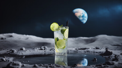 Mojito on a reflective moon surface, Earth visible in the sky