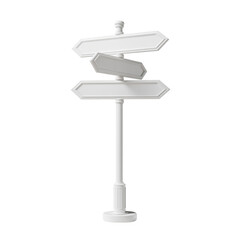 Clean white direction signpost isolated on black with blank arrow pointers ready for text