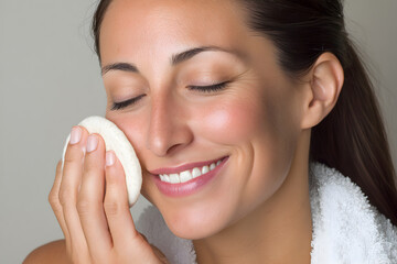Smiling woman cleansing face with cotton pad during skincare routine
