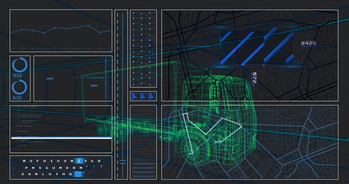 After one-second neon green wireframe truck undergoing scanning as HUD panels fade and beams sweep - Powered by Adobe
