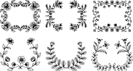 Collection of six hand drawn floral borders and frames with delicate flowers and leaves in a classic black and white sketch style
