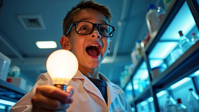 A young scientist has a bright idea in the lab, excitedly holding a glowing lightbulb above his hand