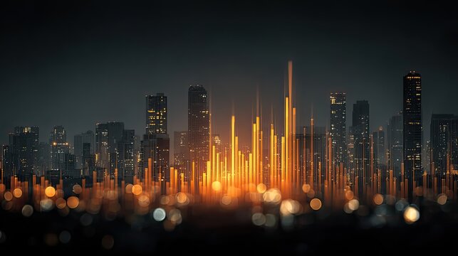 Rising graph city landscape overlay with digital data, business growth financial trend concept for economy design ads