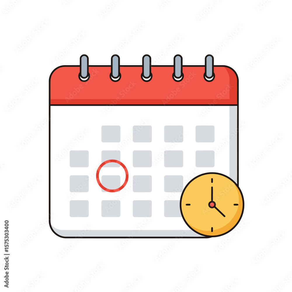 Aufkleber a calendar icon with a red circle marking a date, accompanied by a clock.