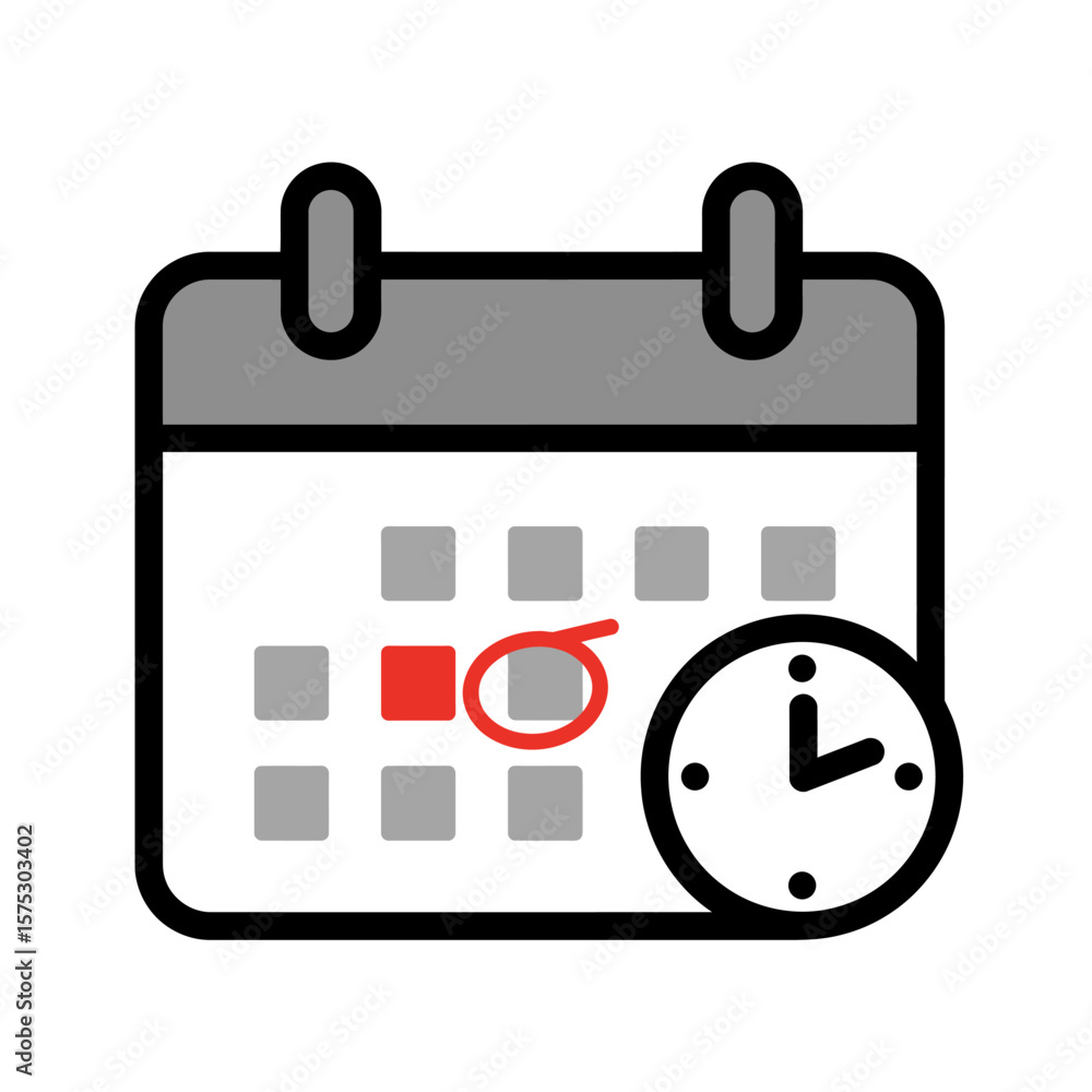 Poster simple calendar icon design with a circled date and clock, ideal for scheduling apps, websites, or p