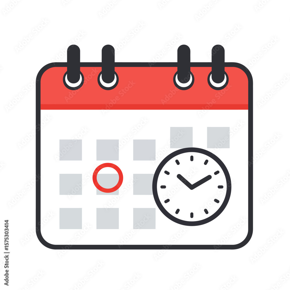 Poster a clean vector illustration featuring a calendar with a highlighted date and a clock, ideal for repr