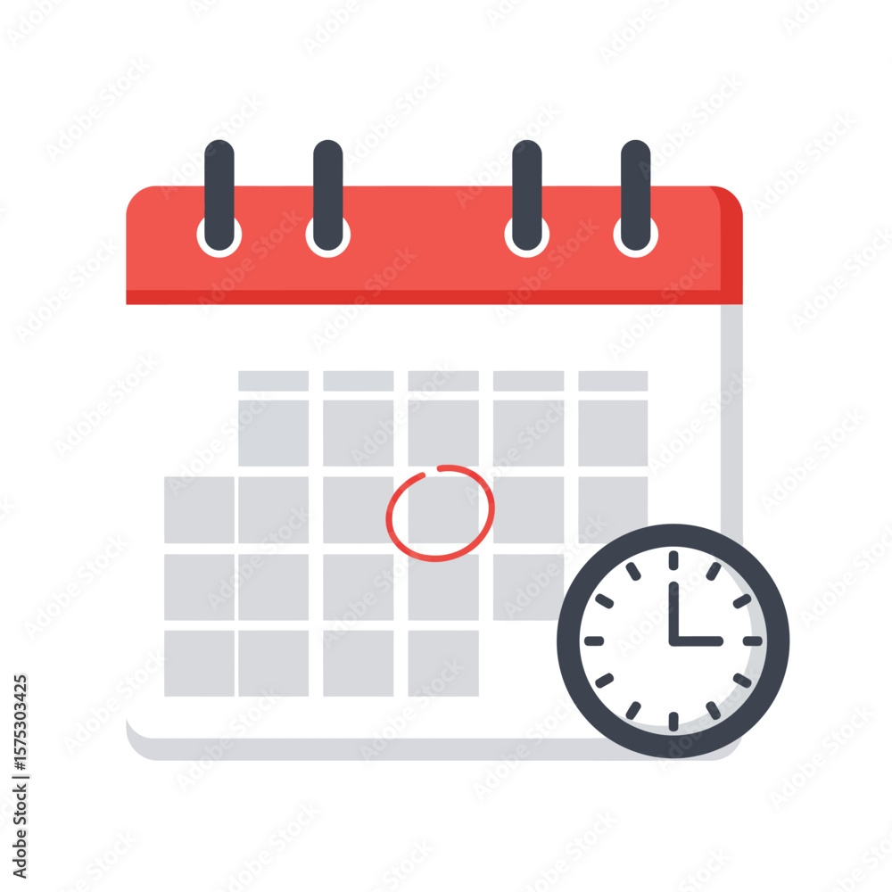 Poster calendar with circled date and clock, signifying scheduling and time management.