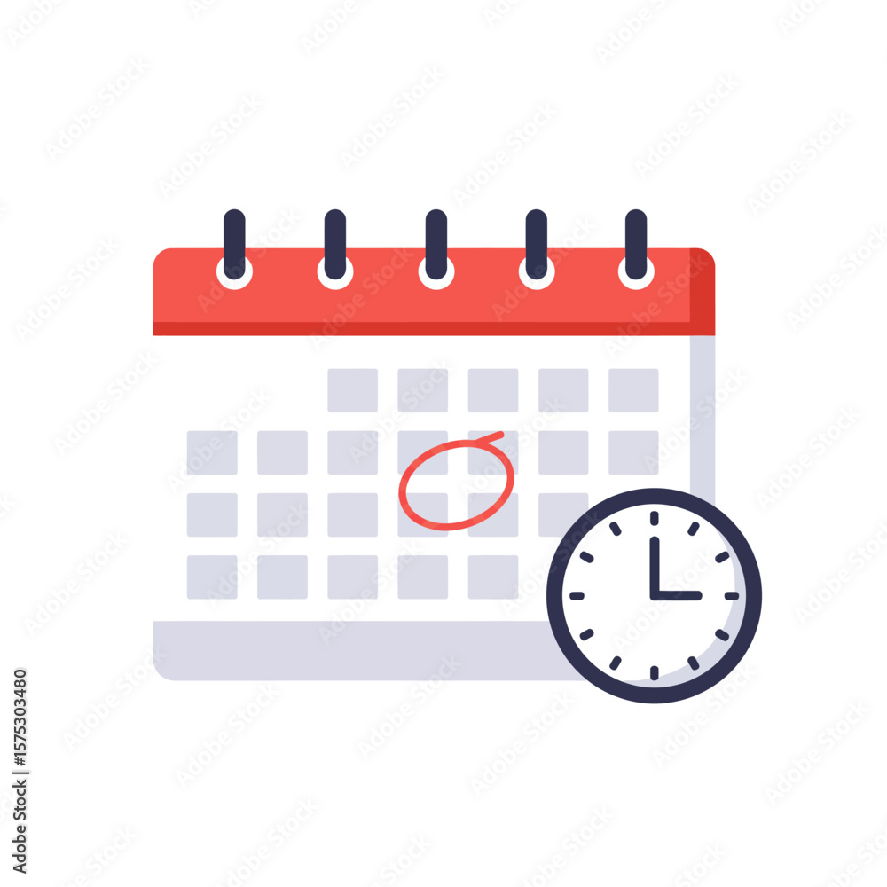 Poster a clean vector illustration depicts a calendar with a circled date alongside a clock, symbolizing im