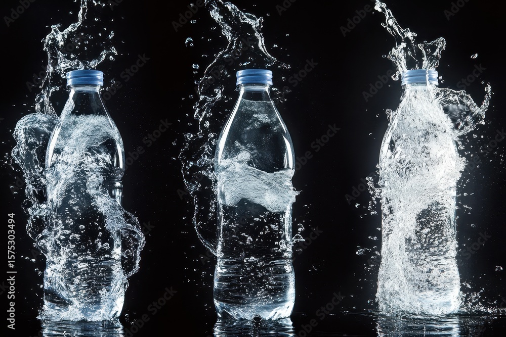 Poster dynamic pouring water captured in multiple bottles with splashes against a dark background, bottle o