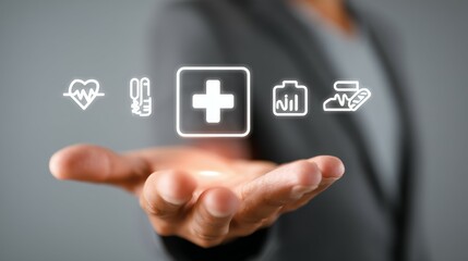 Obraz premium Hand Holding Healthcare Icons with Heartbeat, Syringe, Cross, and Chart Symbols