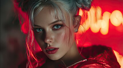 Retro futuristic high fashion portrait with vibrant neon lighting, cyberpunk-inspired style concept for design, art, and fashion ads