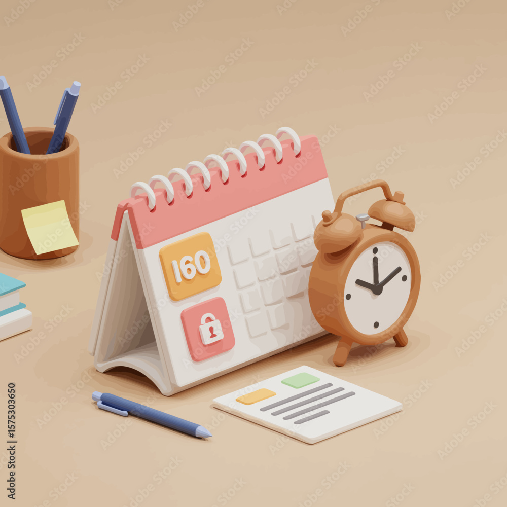 Poster 3d rendering of a desk with a calendar, alarm clock, pen, and paper, symbolizing time management, sc