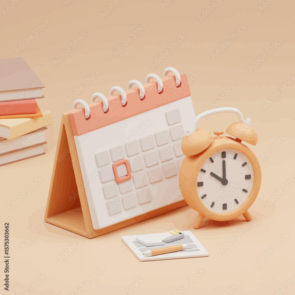 Poster a 3d rendering shows a calendar with a circled date, an alarm clock, and a notepad, suggesting time 