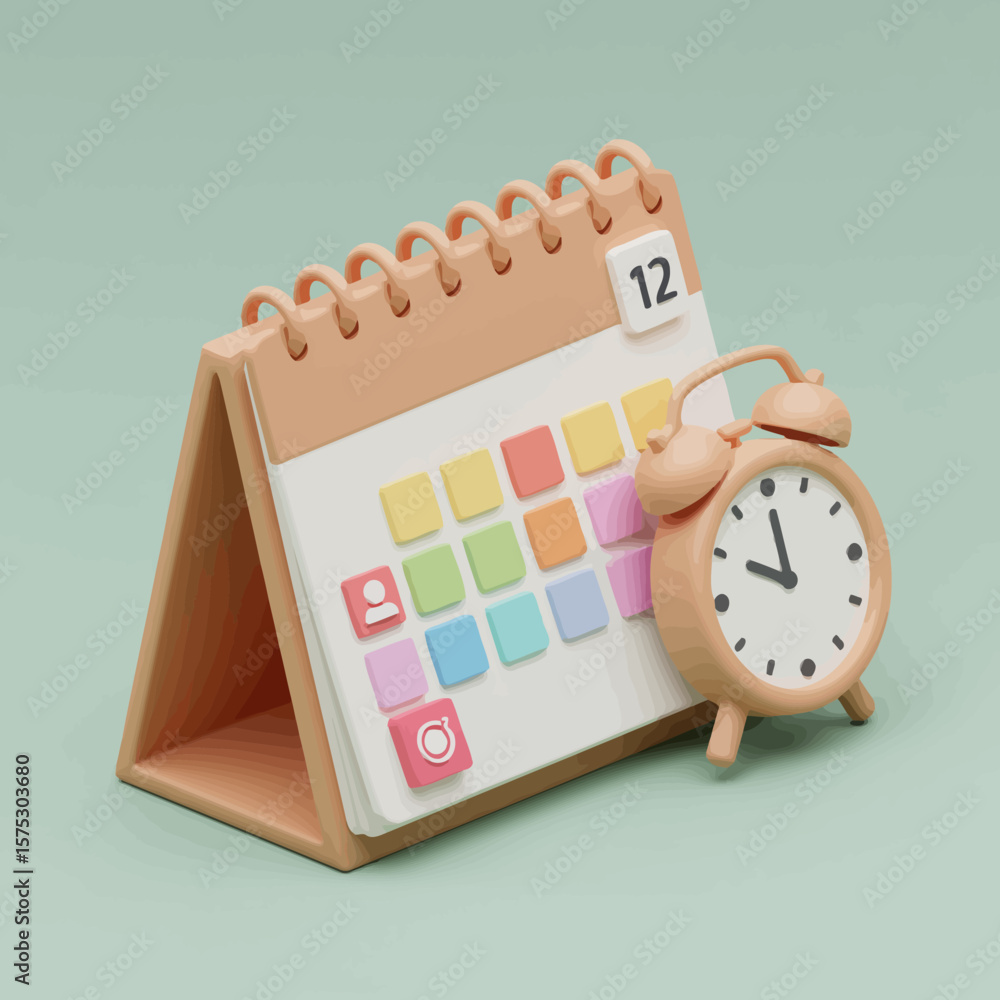 Fototapete a 3d rendered image shows a calendar with a clock, representing time management, scheduling, deadlin